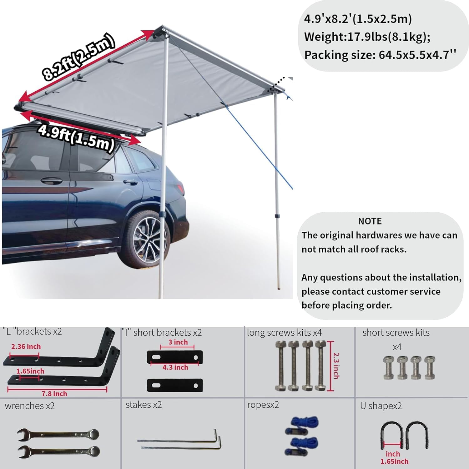 DANCHEL OUTDOOR Portable Car Awning with Side Wall for Overlanding Camping, Waterproof Vehicle Roof Rack Awning Truck with Extension Canopy Sun Shelter(Gray, 4.9x8.2ft+1pcs 8.2x6.5 Side)