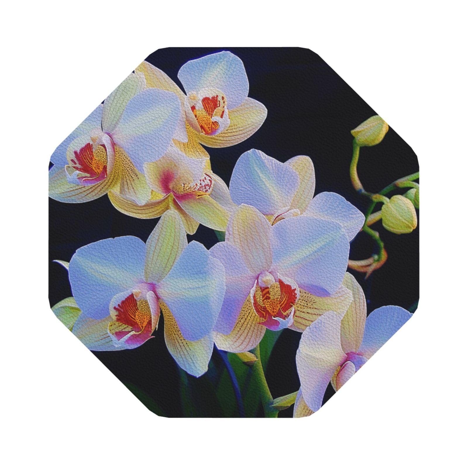orchids print Print Leather Coaster Set of 6, Octagon Coasters Table Decorative Coffee Cup Beverage Coasters Wine Beer Bar Coasters for Hot Drinks Table Protection