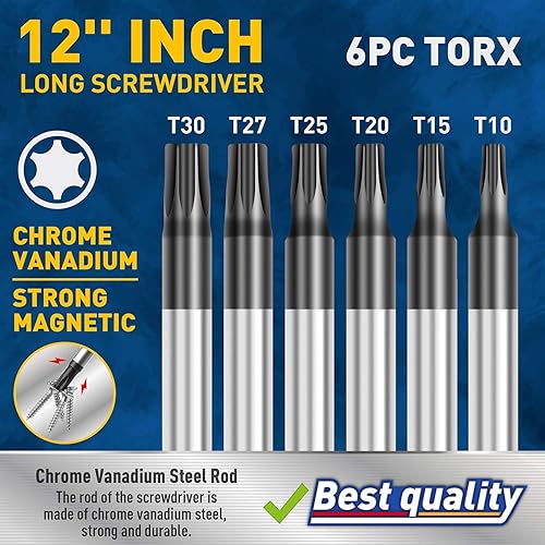 Miniatura 4 de Amartisan Juego de destornilladores Torx extra largos de 6 piezas, longitud 12 pulgadas (11.811 in) T10 - T30, juego de destornilladores de estrella