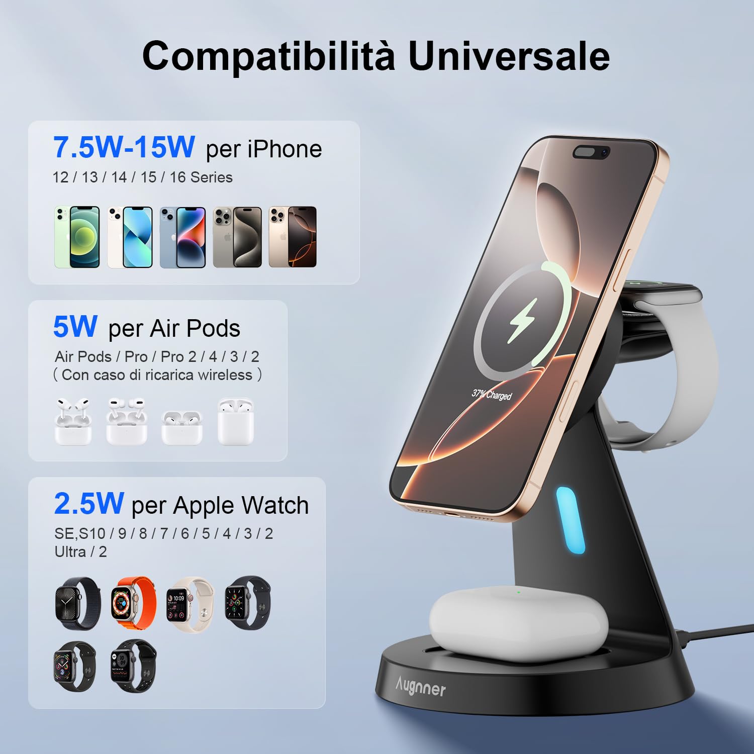 Caricatore Wireless per iPhone, 3 in 1 Stazione di Ricarica con MagSafe per iPhone17/16/16 Pro/16 Pro Max /15/14/13/12, Caricatore Portatile Wireless per Apple Watch10/9/8/7/6, AirPods 2/3/4/Pro