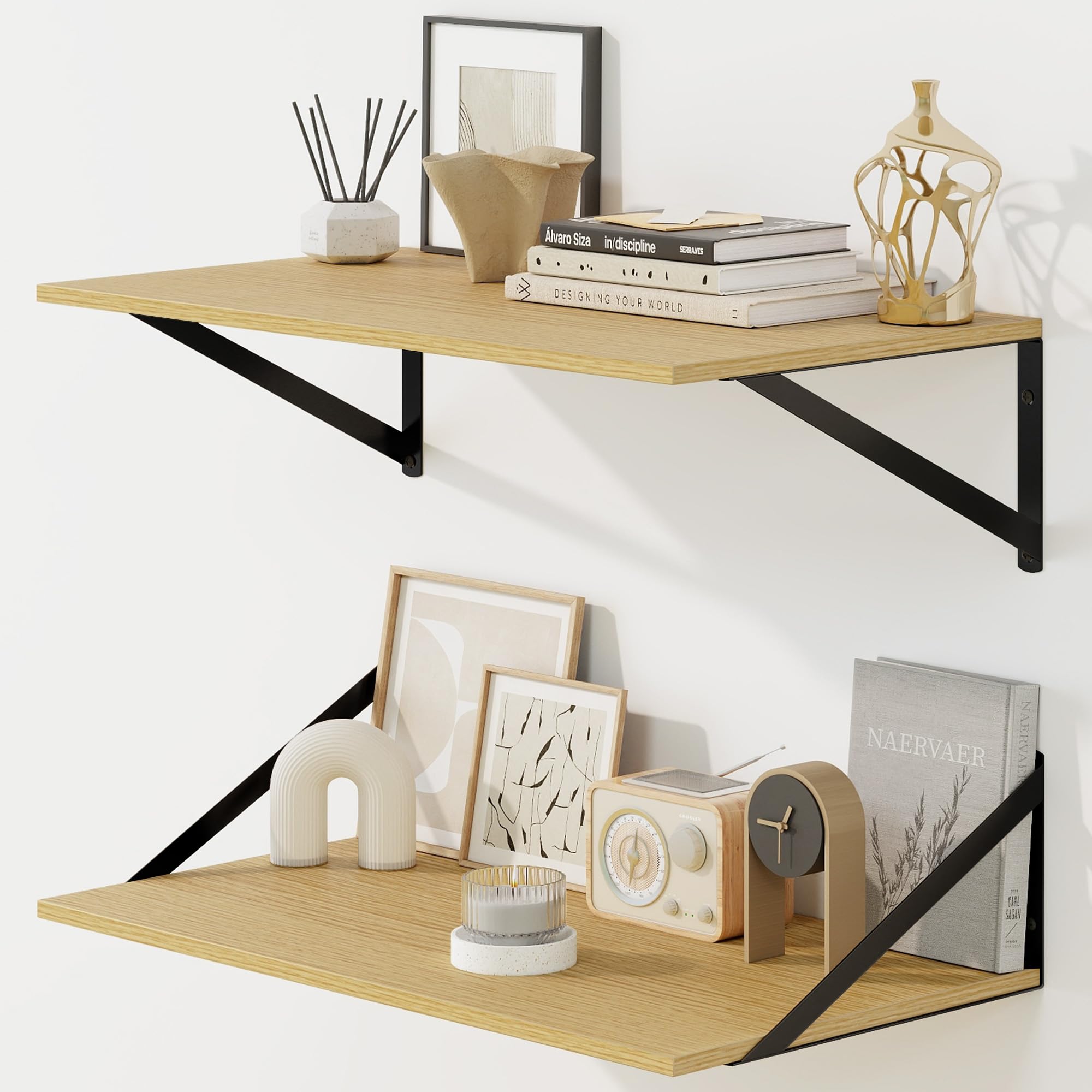 Fun Memories Floating Shelves for Wall, 30 cm Deep Floating Shelves Set of 2, 60 x 30 cm Large Wall Shelf with Sturdy Metal Brackets for Living Room, Bathroom, Bedroom and Kitchen, Oak