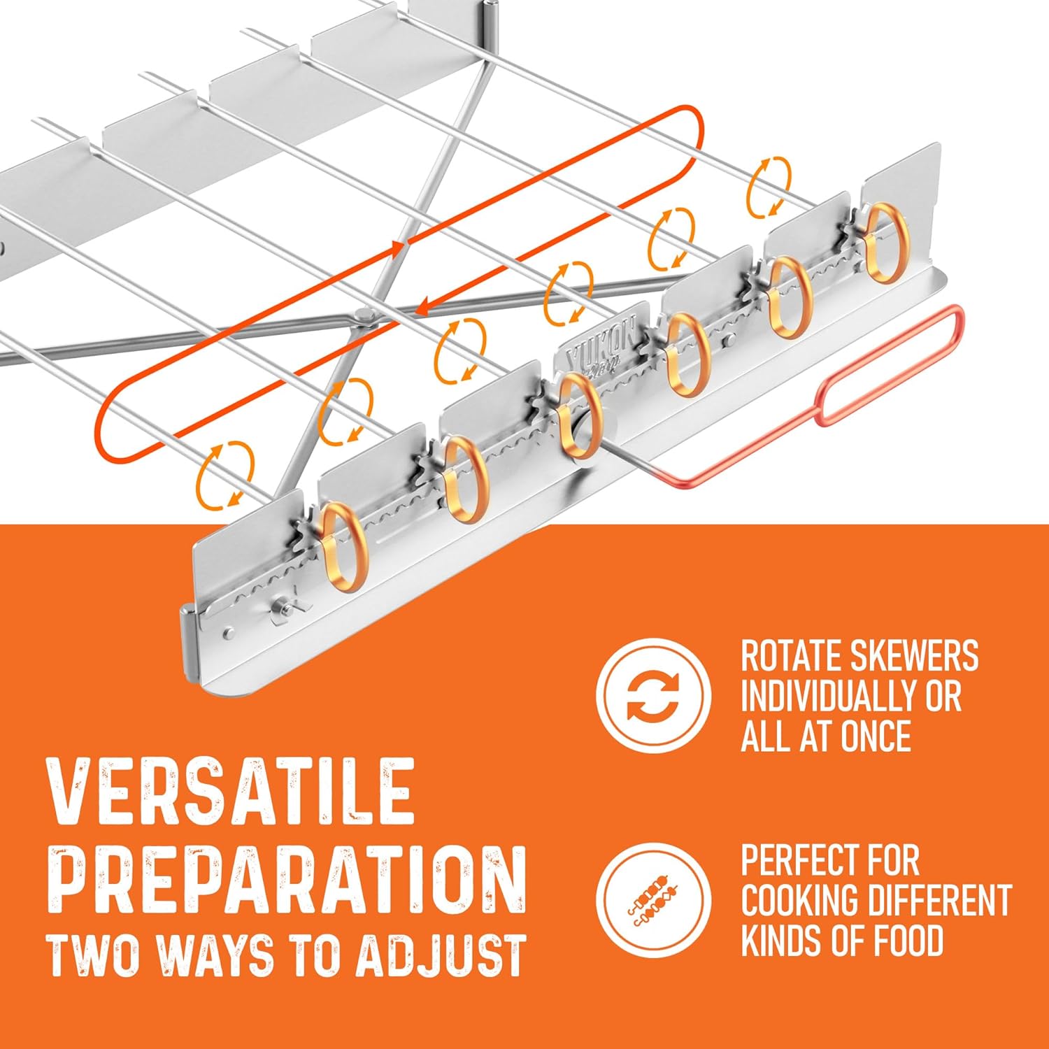 Yukon Glory Kabob Skewer Rack, Stainless Steel Rotating Shish Kebab Skewers Set, Collapsible Kabob Holder for Grill, Dishwasher Safe, 6 Metal Skewers
