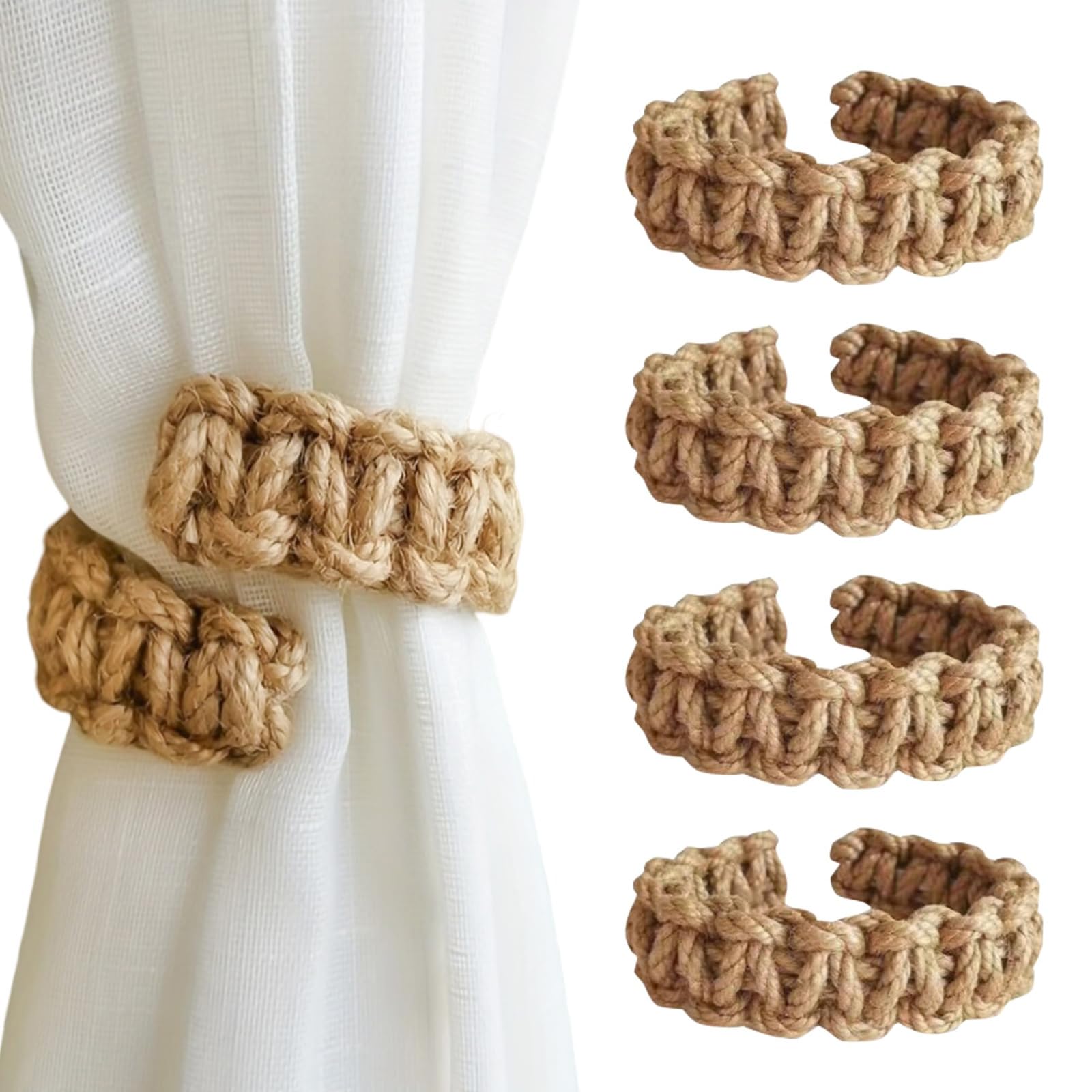 4 Pcs Boho Curtain Tie Backs,Natural Braided Rope Curtain Tiebacks Rustic Style Handmade Cotton Linen Decorative Tie Backs Nordic for Thin & Thick Home Window Drapes (Khaki)