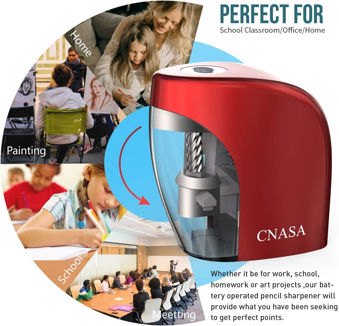 Electric Pencil Sharpener-CNASA Rechargeable Automatic Pencil Sharpener, Helical Blade to Fast Sharpen, Auto Stop Sharpener for 6-8mm No.2 & Colored Pencils for School Office Home