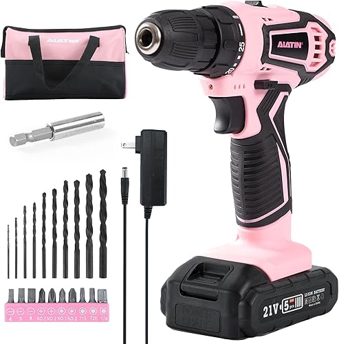 ALATIN Juego de destornilladores de iones de litio inalámbricos de 21 V, 1 batería, cargador y bolsa de almacenamiento incluidos, cinta rosa