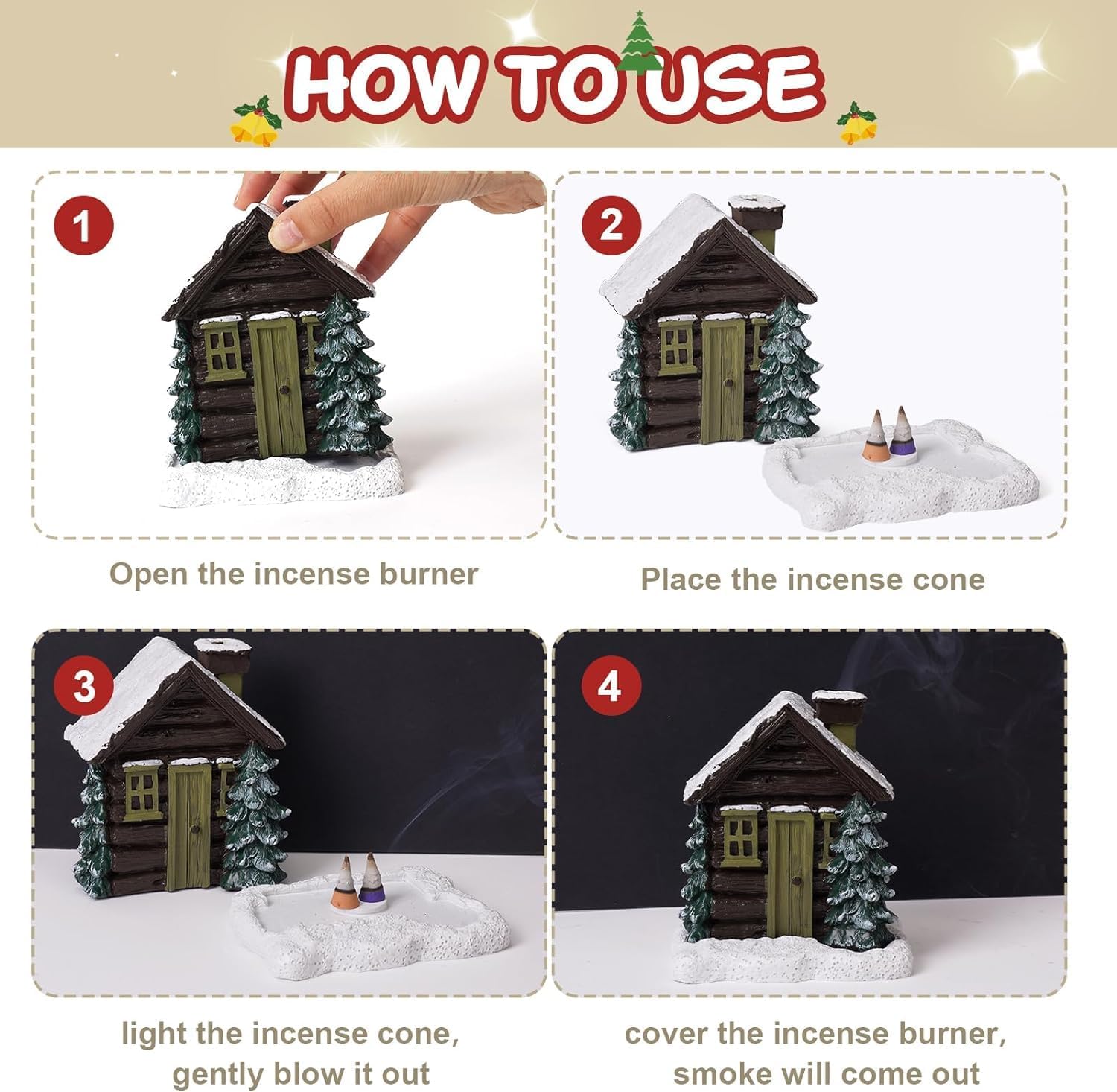 Log Cabin Incense Burner, Christmas Snowy Winter Incense Burner, Home Incense Cone Burner with 2 Incense Cones, Resin Incense Cone Holder Christmas Room Decorations