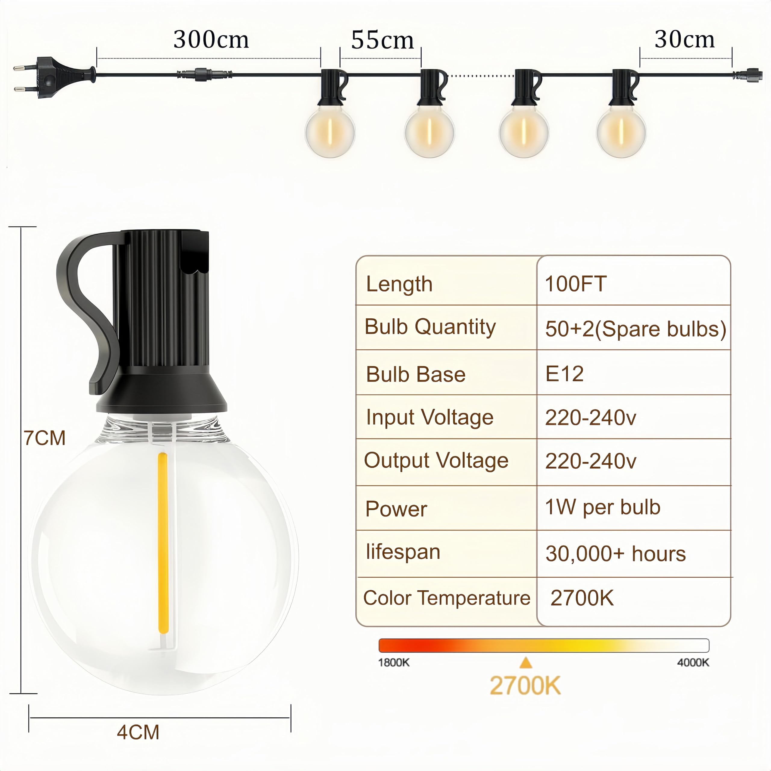 Guirnalda Luces Exterior, 30M IP45 Impermeable Conectable Luces Led Exterior con 50+2 Bombillas de Plástico Inastillable, 2700K Blanco Cálido para Jardín, Patio, Fiesta, Boda