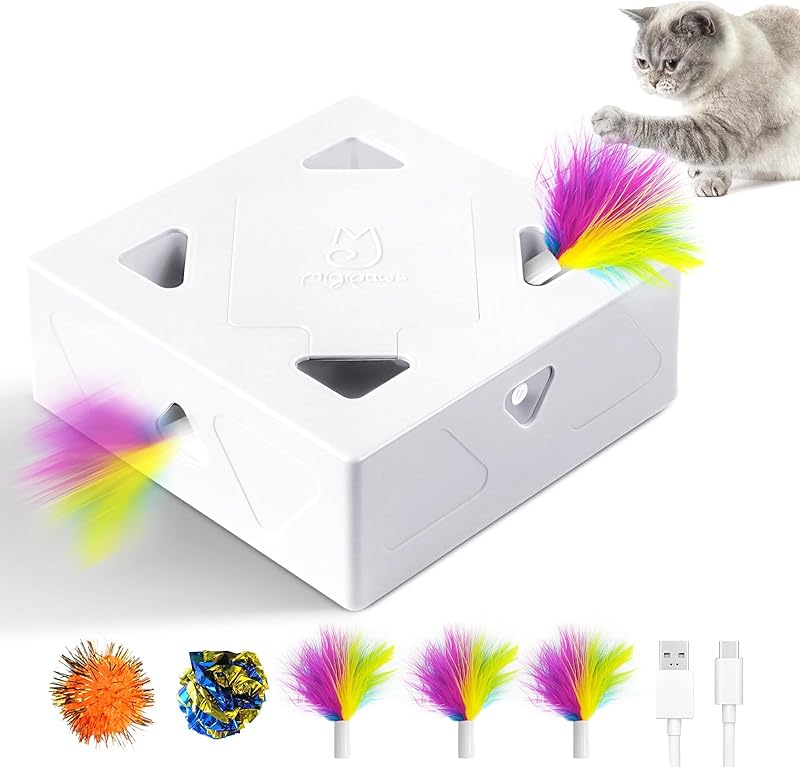 Migipaws Jouet pour Chat, Jouet interactif Automatique à 7 Trous pour Souris, Jouet d'éveil Ultra Amusant pour Les Chats d'intérieur, Rechargeable par USB, 4 pièces de Plumes