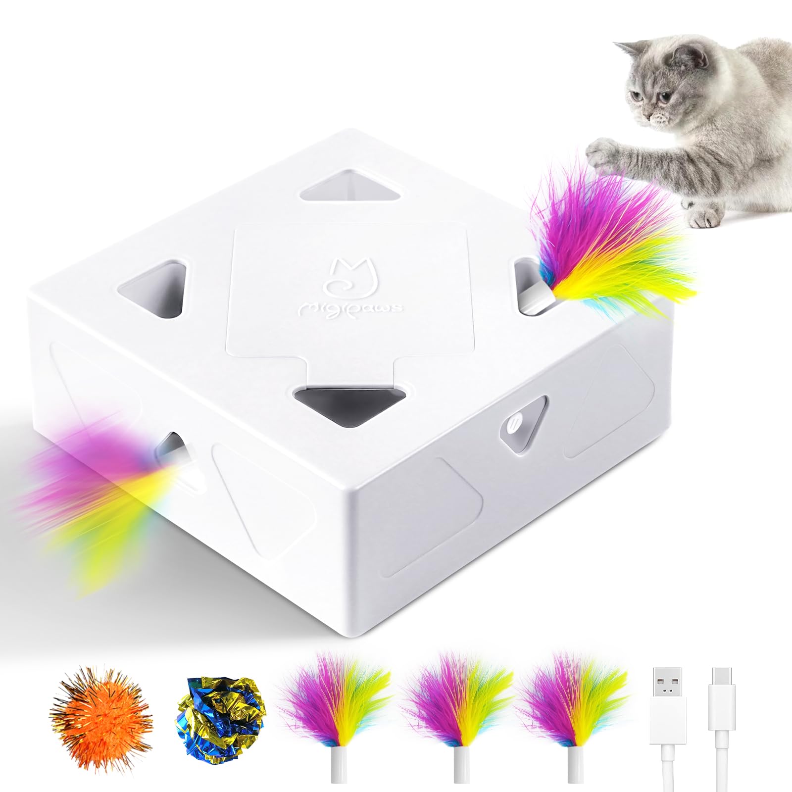 Migipaws Jouet pour Chat, Jouet interactif Automatique à 7 Trous pour Souris, Jouet d'éveil Ultra Amusant pour Les Chats d'intérieur, Rechargeable par USB, 4 pièces de Plumes