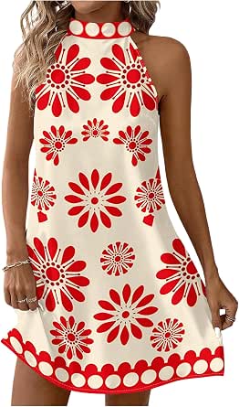Floerns Women's Sleeveless Floral Print Sundress Halter Neck A-Line Short Dress