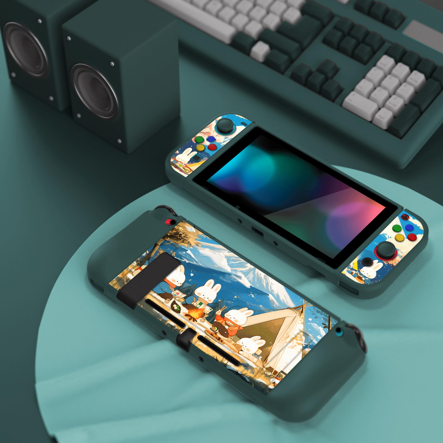 PlayVital Cover Custodia per Nintendo Switch,Copertura TPU Pellicola Vetro Temperato Protezione Copri Analogici Accessori per Switch Joycon Console-ZealProtect-Conigli da Campeggio