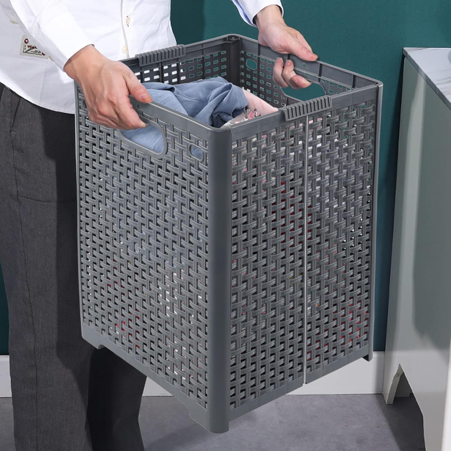 40 L Plastic Collapsible Laundry Hamper, Plastic Dirty Clothes Basket, Gray, Pack of 2