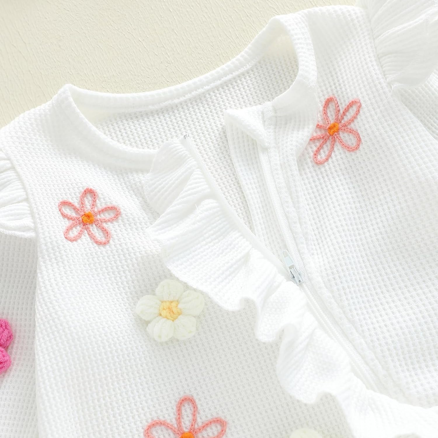 Newborn Baby Girl Clothes Coming Home Outfit Floral Ruffle Romper Waffle Knit Zipper Onesie Jumpsuit Fall Winter - Image 4