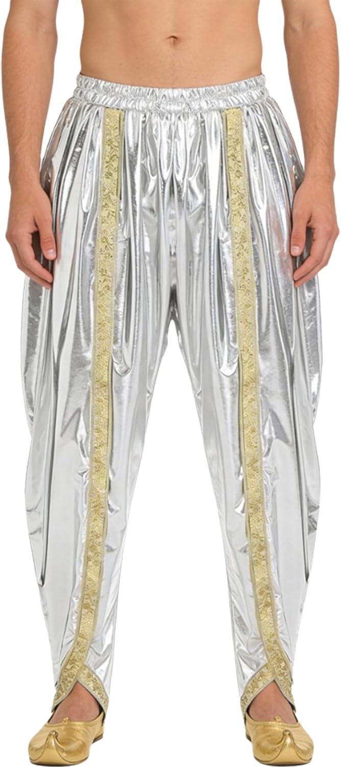 Jhaoyu Mens India Dhoti Pants Shiny Metallic Gold Trim Baggy Harem Pants Halloween Costume