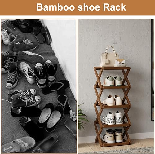 Miniatura 5 de Zapatero de bambú para entrada, práctico y práctico zapatero plegable, ahorra espacio y es fácil de instalar, adecuado para puertas, salas de estar