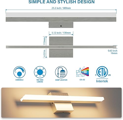 Vista 4 de ZAGO Lámparas lineales de tocador de baño de 24 pulgadas sobre el espejo, barra de iluminación LED moderna montada en la pared ajustable
