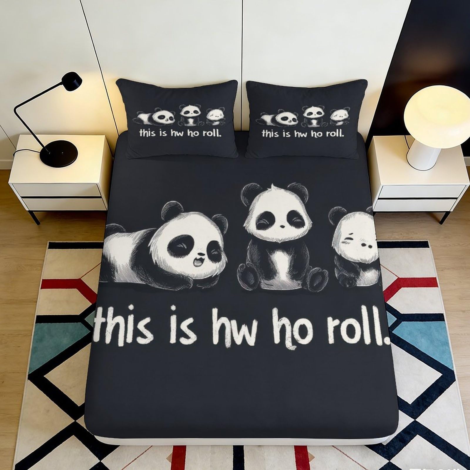 3D Printed Panda Cartoon Fitted Sheet Microfiber Soft Breathable Cute Animal Bed Cover for Bedroom Dormitory Guest Room Mattress Protection Decor 180x200x25cm