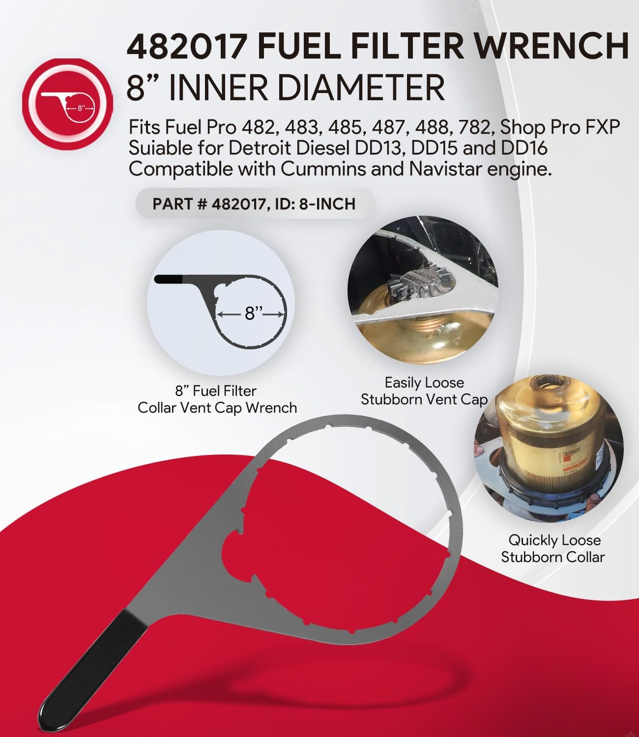 sixcow 8" 482017 Fuel Filter Collar Vent Cap Wrench for Davco Fuel Pro 482, 483, 485, 487, 488, 782 and Shop Pro FXP, Metal Oil Water Separator Oil Fuel Filter Wrench