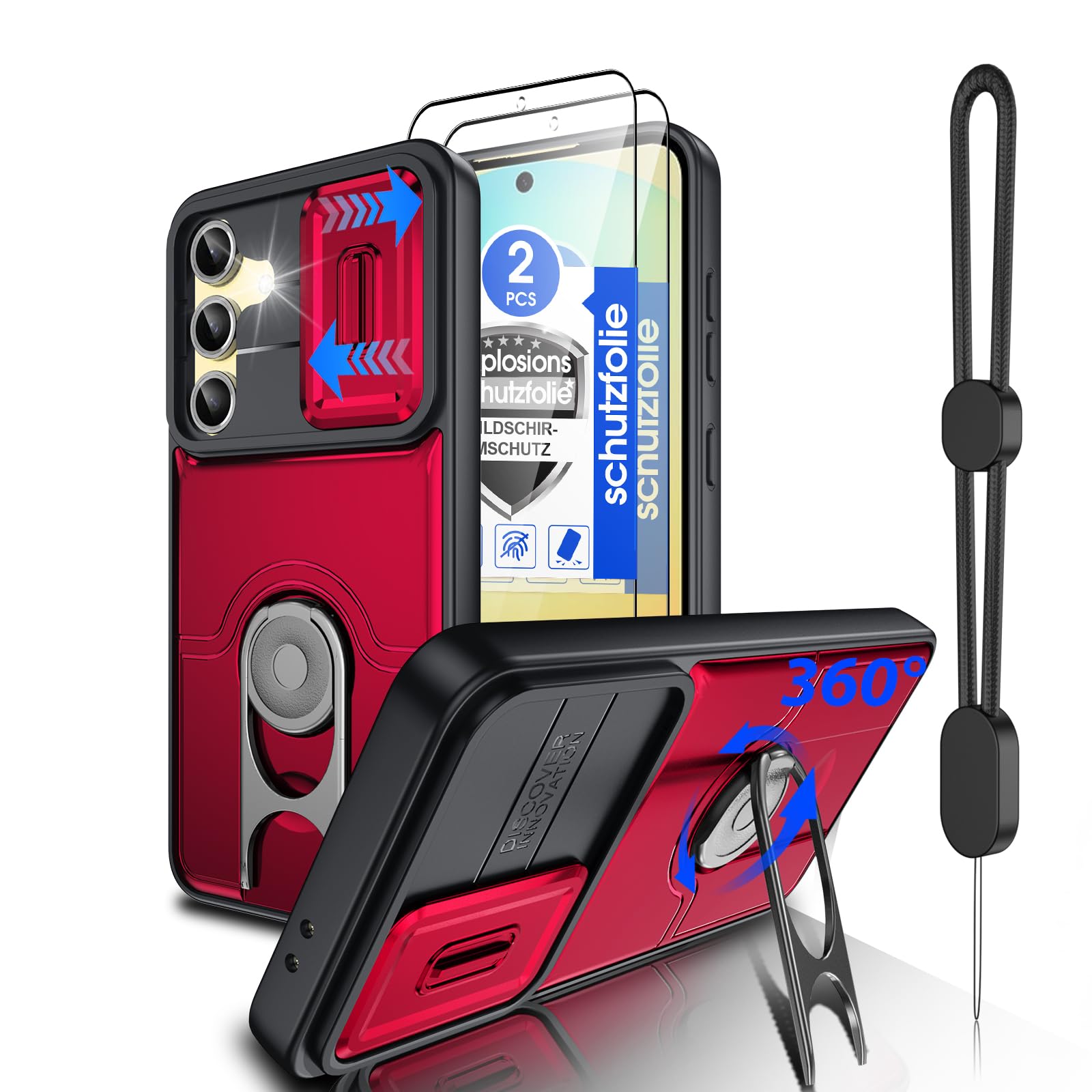 Dizn for Samsung Galaxy S24 FE Case:[Not Fit Samsung S24] with 2 Screen Protector,Slide Camera Cover Lens Protector,360°Kickstand,Military-Grade Shockproof for 6.5-Inch Galaxy S24 FE,Red