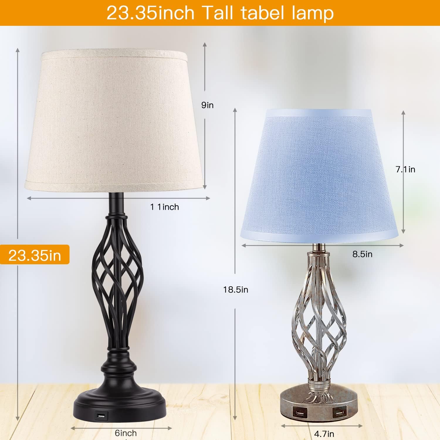 Touch Control Traditional Table Lamp Set of 2, Vintage Bedside Lamps with USB Charging Port, 3-Way Dimmable Large Cream Drum Shade Spiral Cage Base Desk Lamps for Living Room, Bedroom by PARTPHONER - - 