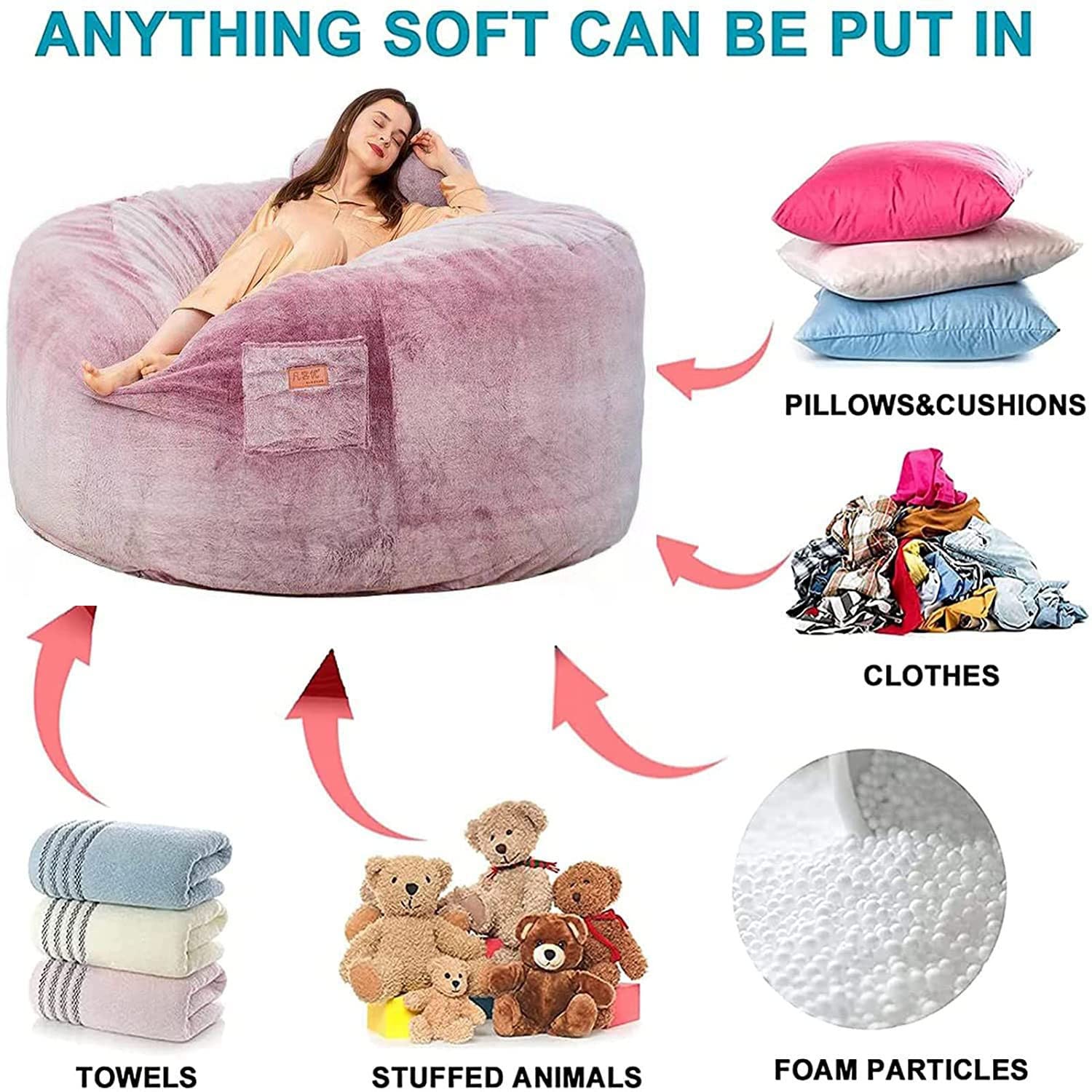 Zitzak Stoelhoes xl Knuffels Kidsno/Adult No Filler Rits Zitzak Hoes Extra Grote Opberger voor Knuffels Roze/Zwart Grote Ronde Zachte Pluizige Gigantische Zitzak Luie Slaapbank Hoes (Color : E, Size
