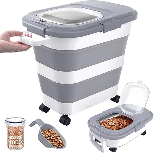 DDMOMMY 23-25 Lbs Airtight Dog Food Storage Container,Collapsible Dog Food Container with Lid,Wheels,Handle,Large Pet food storage Container with Scoop,Small Food Container for Dog Cat
