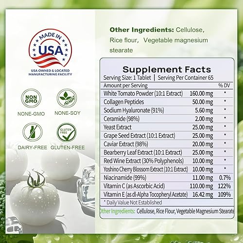 Miniatura 3 de White Tomato Complex - Suplemento antioxidante 13 en 1 con vitaminas C y E, péptidos de colágeno, apoya el brillo de la piel, antienvejecimiento,