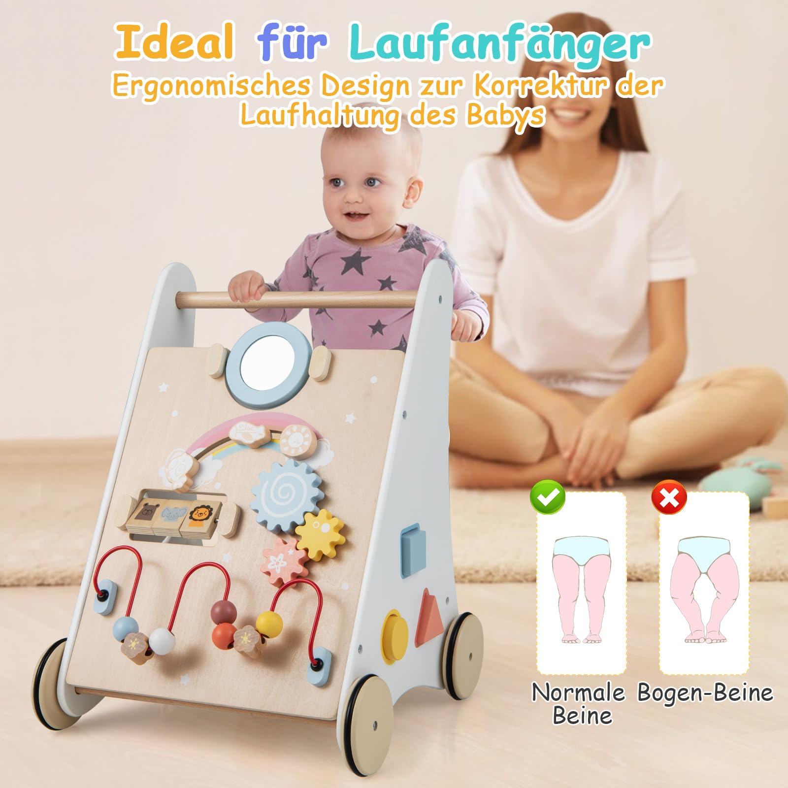 COSTWAY Lauflernhilfe aus Holz, 7 in 1 Lauflernwagen mit Spielbrett, Spiegel & Bauklötzen, Laufwagen zum Schieben mit Aufbewahrungsbox, Laufhilfe Baby ab 1 Jahr (Weiß + Natur)