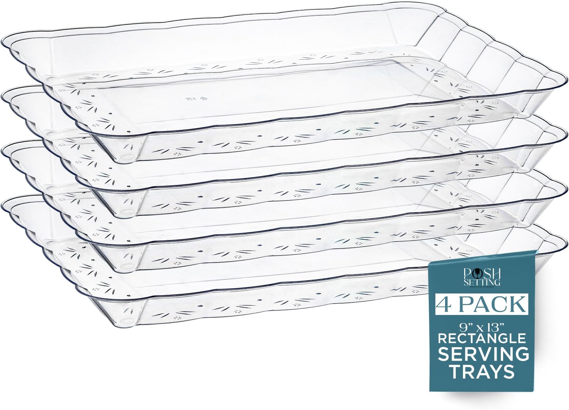 Posh Setting Clear Serving Trays Disposable - Plastic Platters - Plastic Platters and Trays for Party- Clear, Gold & Black, White Serving Dishes, 9x13, 4 Pack