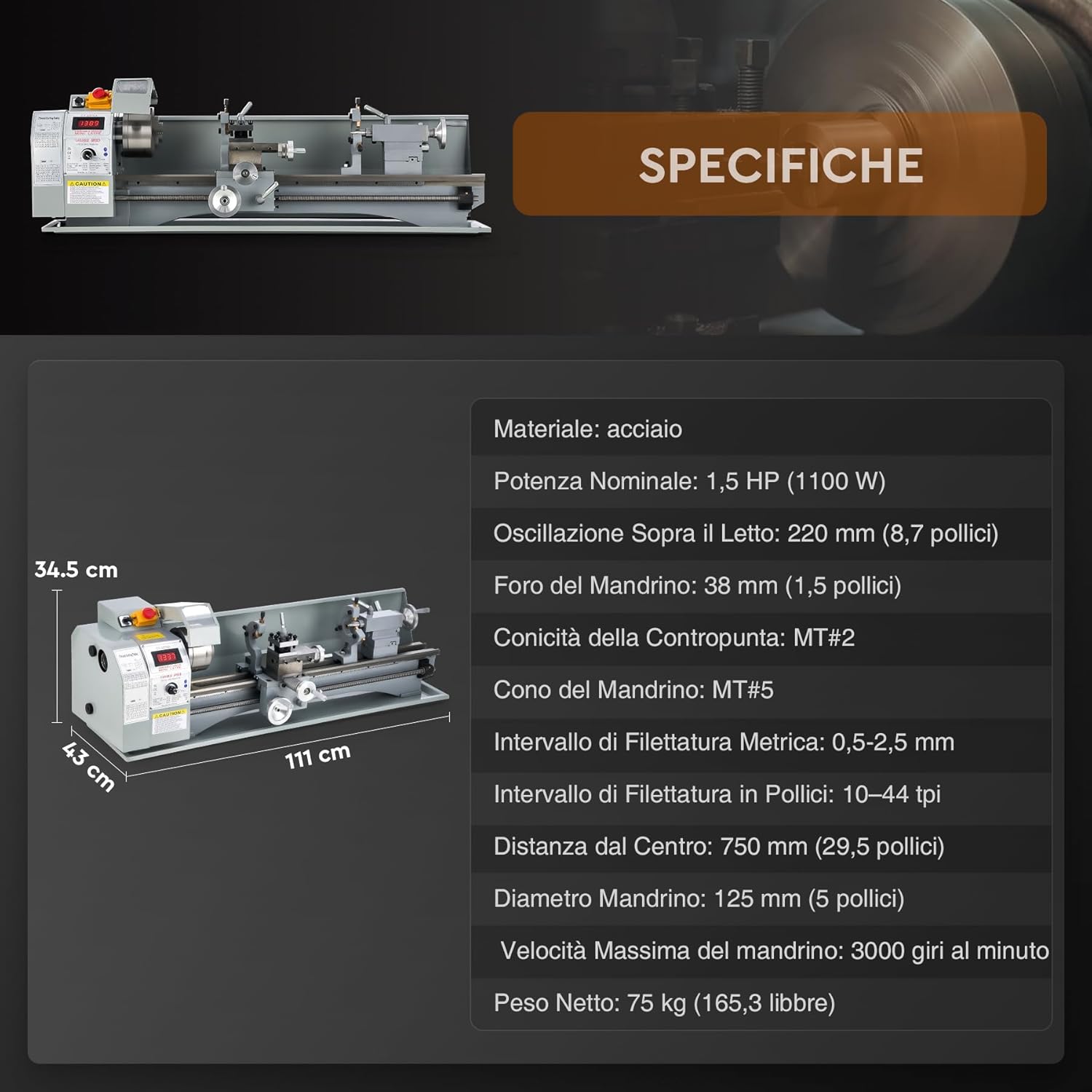 Diagram showing the dimensions and key specifications of the CREWORKS metal lathe.