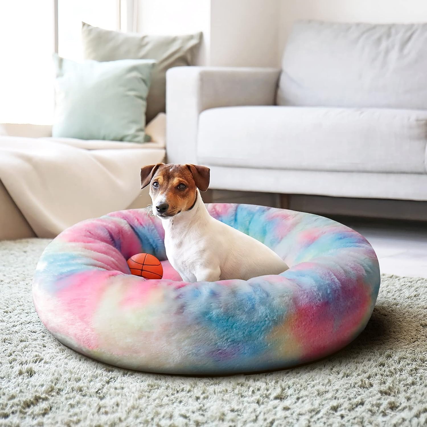 TantivyBo Donut Dog Bed & Cat Bed, Soft Faux Fur Plush Anti-Anxiety Pet Calming Bed, Washable Dog Cuddler Bed for Small Dogs Cats up to…