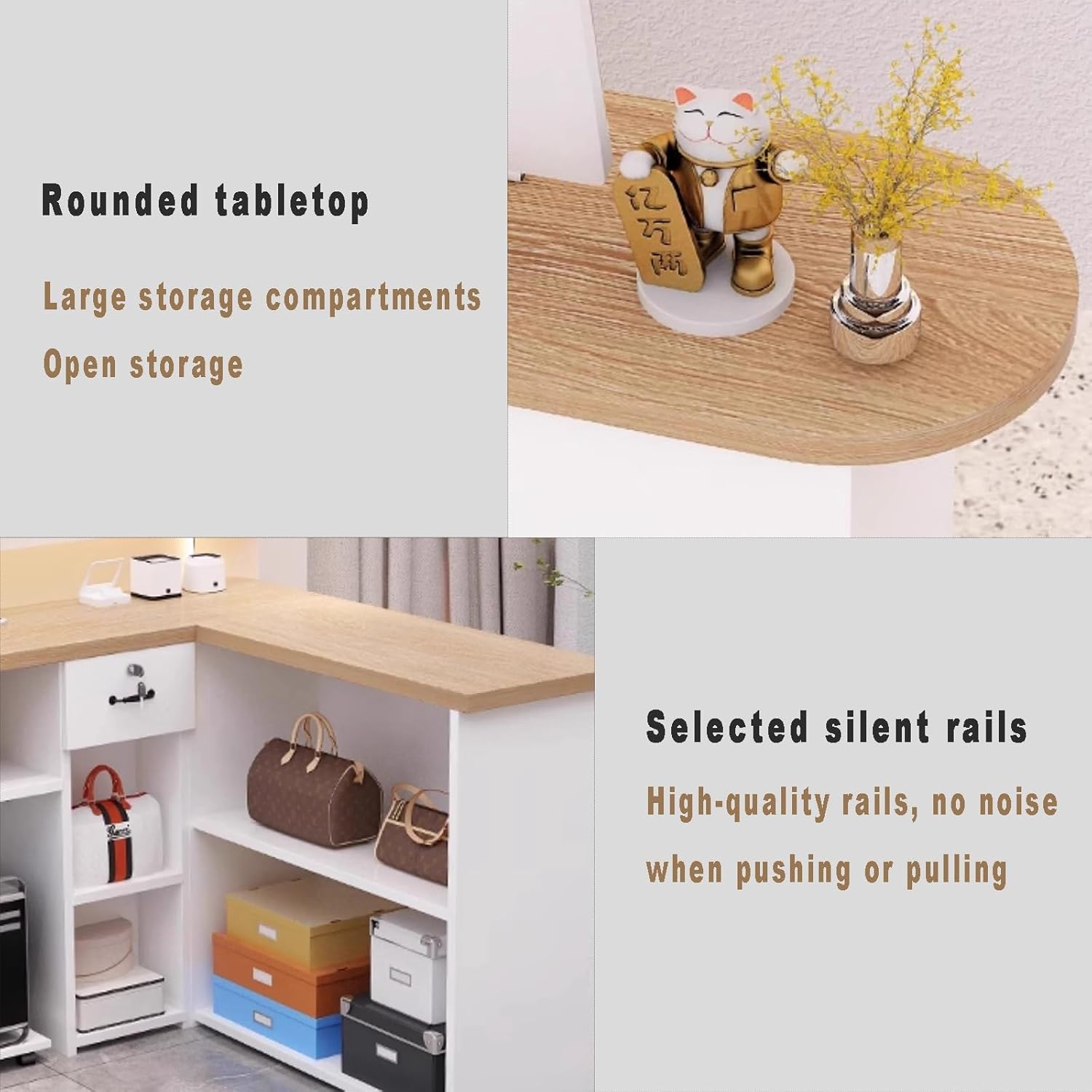 Reception Desk, L-Shaped Table with 3 Open Shelves Lockable Drawers, Usable for Checkout Lobby Beauty Salons(Wood Color+White/Right,130cm)
