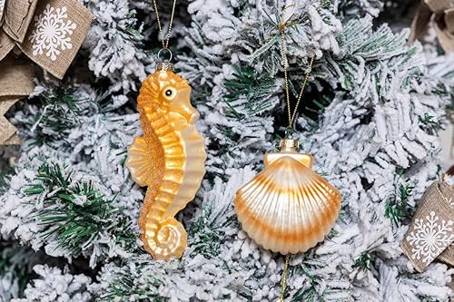 Miniatura 6 de Juego de 2 adornos de cristal soplado de caballito de mar y adorno de concha de mar, adornos colgantes de cristal para árbol de Navidad