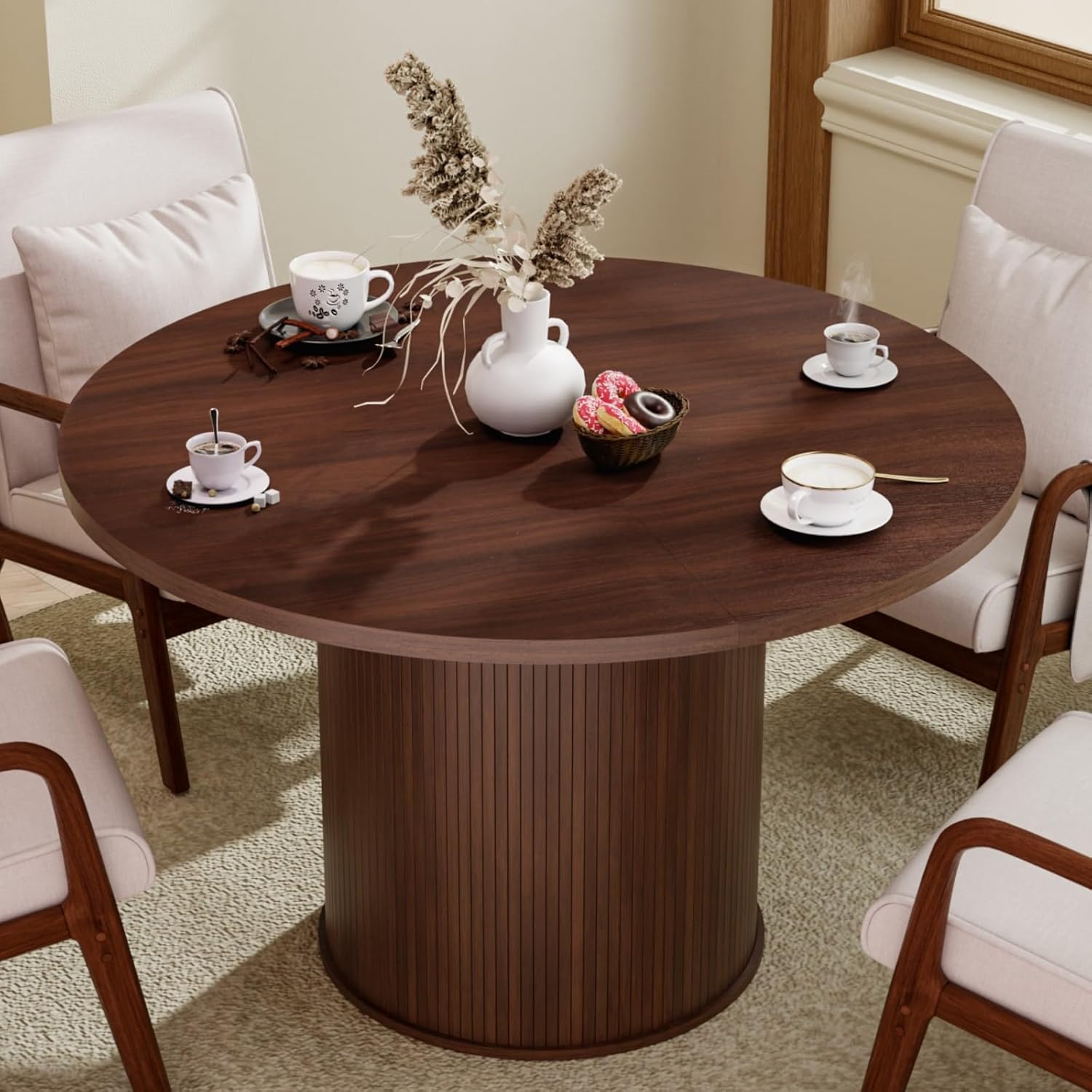 HOMMPA 48'' Round Dining Table for 4-6 Kitchen Table Circle Dinner Table with Wood Strip Base for Kitchen Dining Living Room Dark Walnut Walnut 48"
