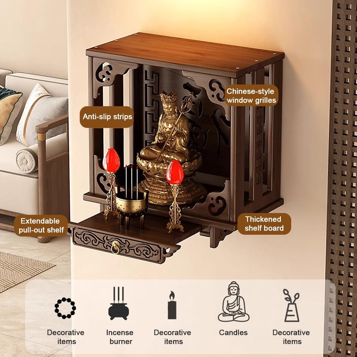 Buddha Shrine Altar Table，Relaxation Prayer Buddhist Shrine Alter，Wall-Mounted Shrine Altars，with Storage & Pull-Out Worship Table，for Studio, Yoga(15.4 * 10.3 * 18.7in)