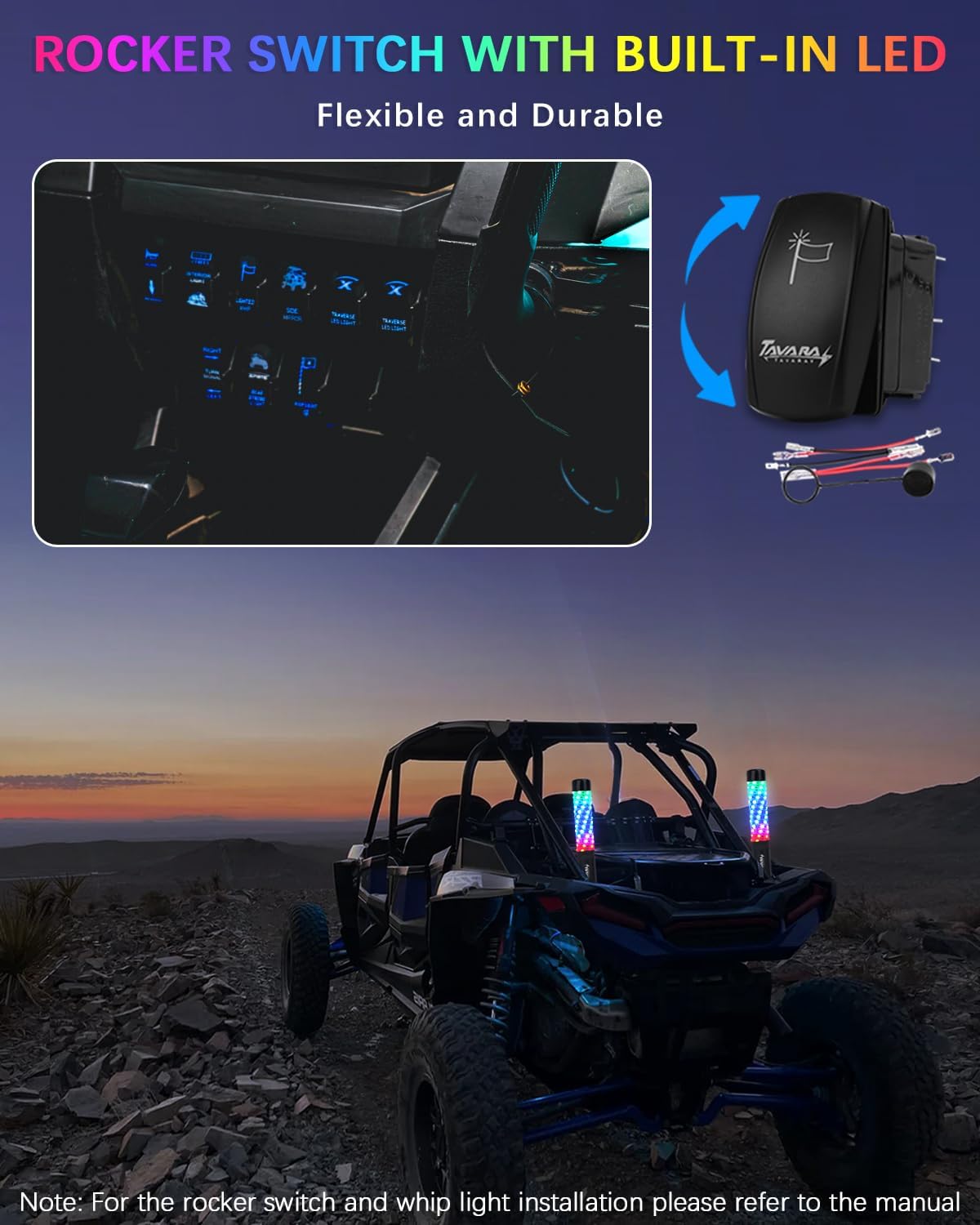 Tavaray 2PCS 1FT Fat Whip Lights – Spiral RGB Chasing Lighted Antenna Whips, Whip Lights for Side by Side UTV ATV RZR Can-Am X3, with App/Remote Control, Turn Signal & Rocker Switch