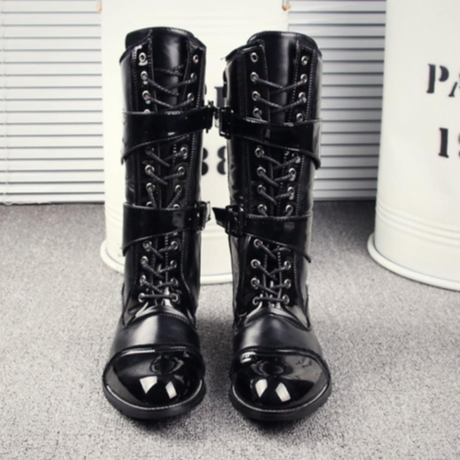 Men's Leather Lace-up Calf High Motorcycle Boots Side Zipper Fashion Pointed Toe Block Heel Korean Style Western Boots For Daily Activities Outdoor Performance Party