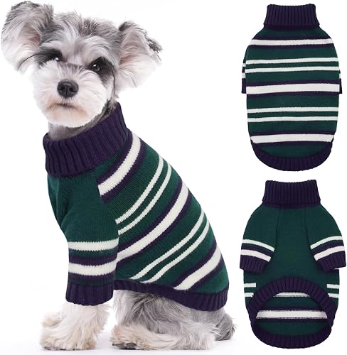 Kuoser Dog Sweater,Warm Dog Sweaters for Small Dogs,Turtleneck Thick Small Dog Sweater Christmas Outfit,Pet Winter Clothes Doggie Knitwear Girl Boy for Holiday Thanksgiving,Green&Navy Strips S