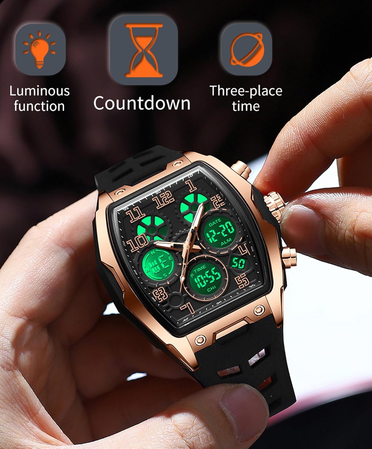 Mens Watches for Men Digital Analog Watch Triple Time Zone LED Backlight Alarm Stopwatch Silicone Strap 5ATM Waterproof for Travel/Sport/Business Easy Read Fashion Birthdays Gift for Him