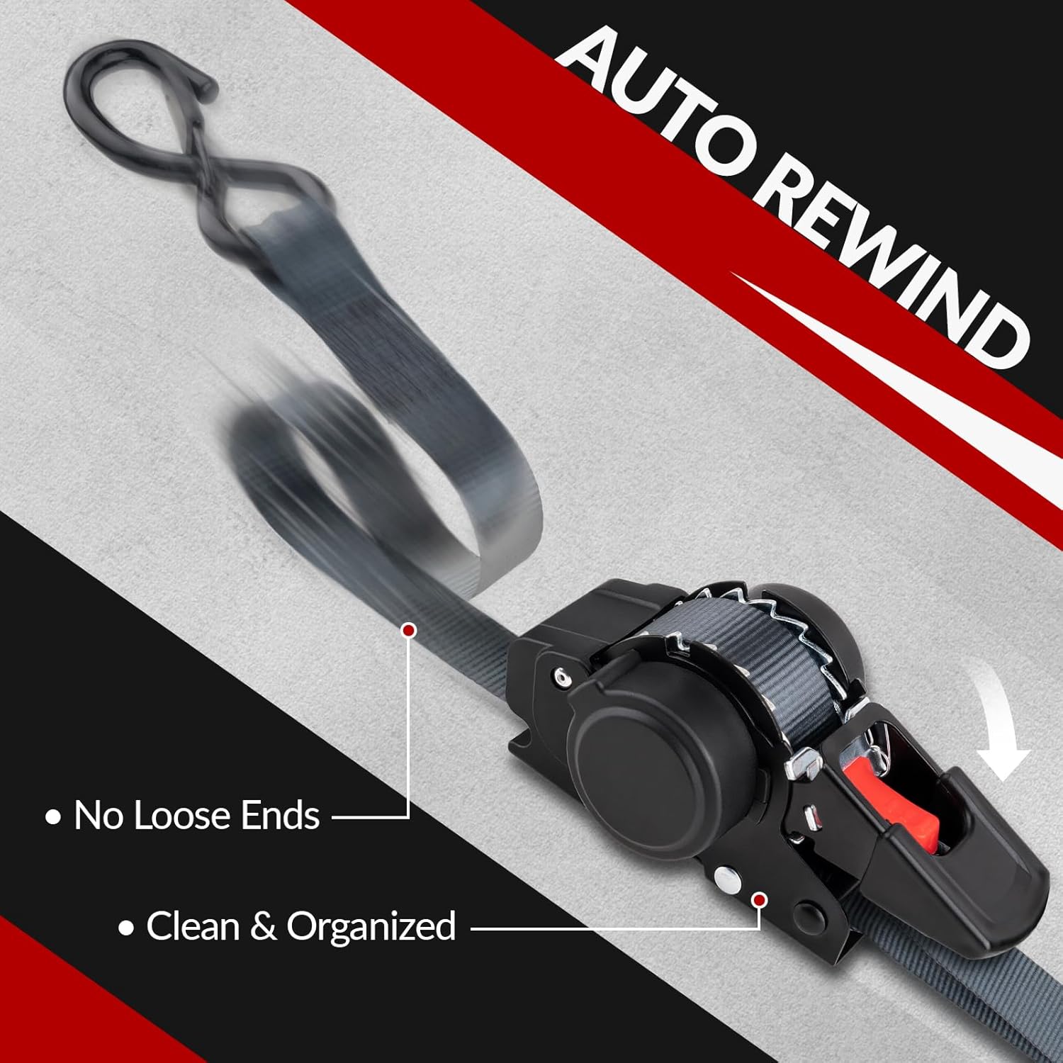 2PCS Self-Retracting Ratchet Tie Down - 1 Inch x 10 FT, Ratcheting Straps with Auto Rewind, 1200 lb Break Strength, No Loose Ends for Motorcycle, Cargo, Truck, Trailer - Image 2