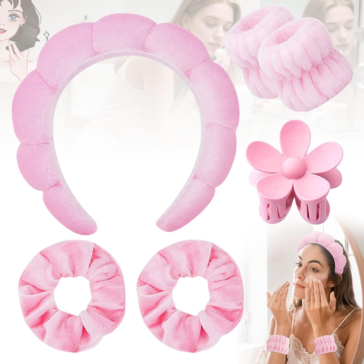 Set of 4 Hairband Cosmetics, Make-Up Hair Band, Cosmetic Headband, Skincare Accessories, Wrist Wash Band, Make Up Headband, Wrist Wash Band Set for Skin Care, Facial Cleansing, Shower