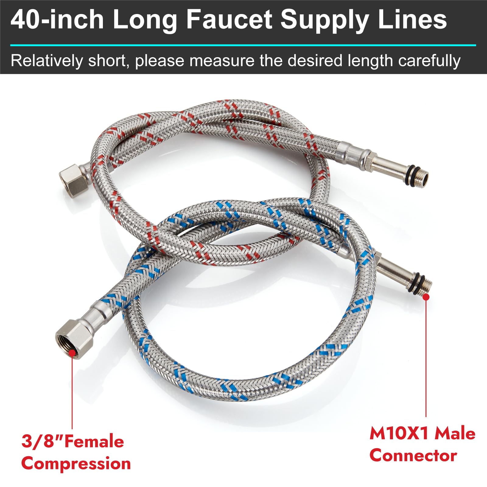 Midanya Líneas de suministro de agua para grifo de 40 pulgadas de largo, manguera de suministro de acero inoxidable trenzada de 3/8 pulgadas rosca de compresión hembra x conector macho M10, 2 piezas
