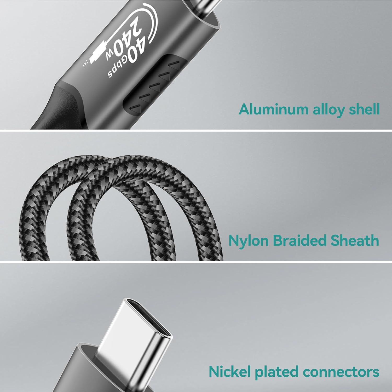 FDBRO USB 4 Cable [8K@60Hz Video/240W PD 3.1 Fast Charging/40Gbps Data Transfer] USB-C to USB-C Cable, Compatible with Thunderbolt 3/4, MacBook, SSD, Type-C Devices (Gray & Black, 6FT/1.8M)