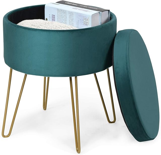 COSTWAY Velvet Round Footstool, Upholstered Dressing Table Stool with Metal Legs, Home Bedroom Living Room Storage Ottoman Pouffe (Dark Green)