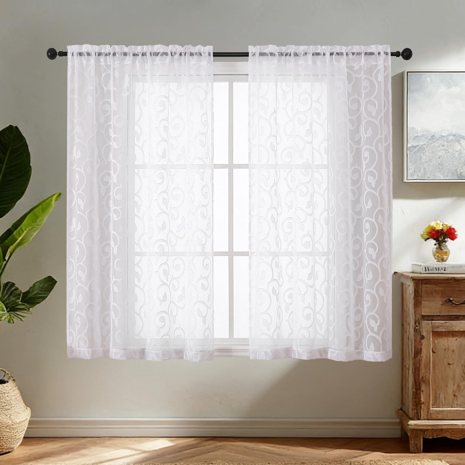 Simplebrand White Sheer Voile Curtains with Embroidered Pattern, 2 Panels 140x122cm, Dual Rod Pocket Light Filtering Curtains for Kitchen Café Window — image 1