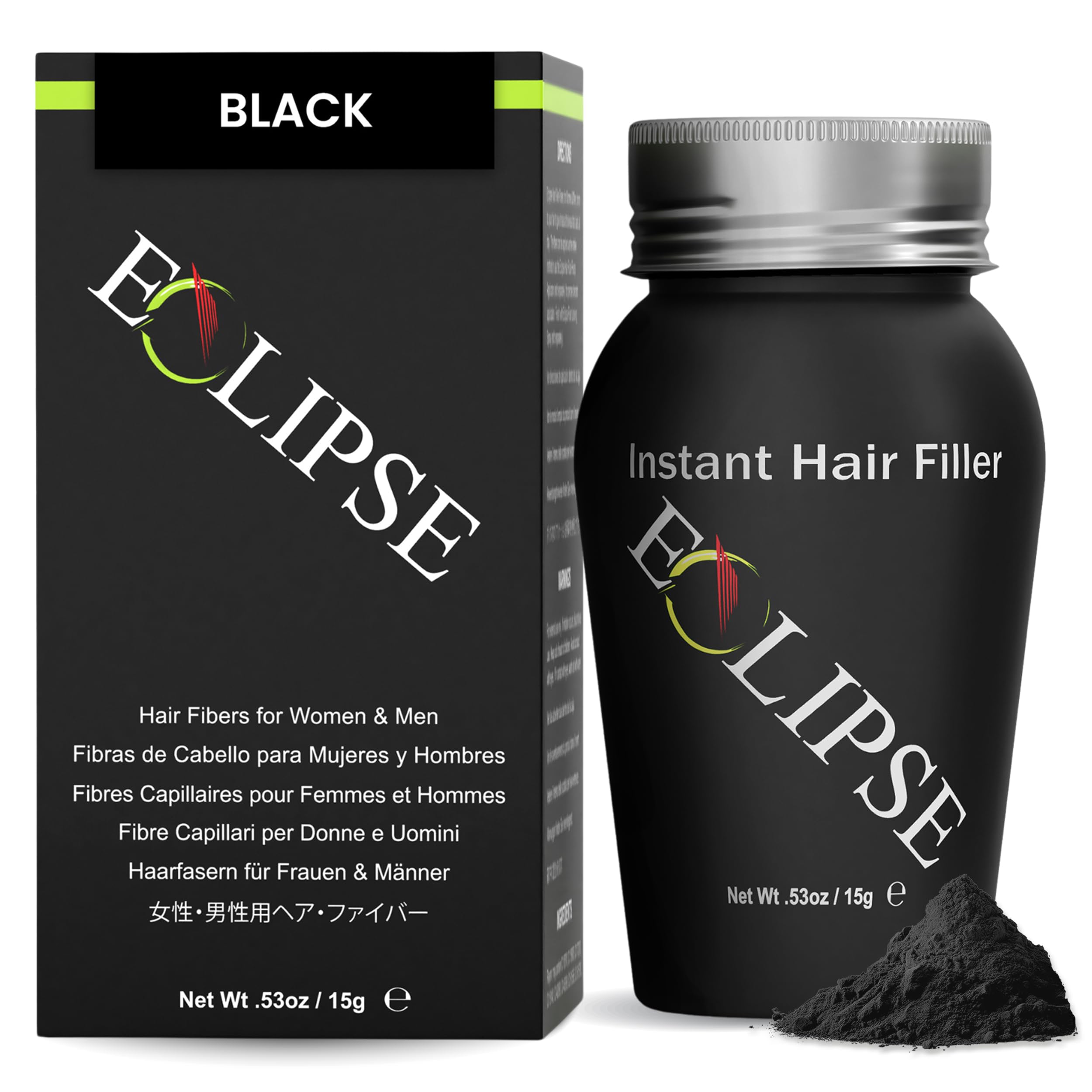 ECLIPSE Hair Fibers Black for Thinning Hair for Women & Men to Conceal Hair Loss in 15 Seconds - 100% Undetectable Hair Building Fibers, 15g
