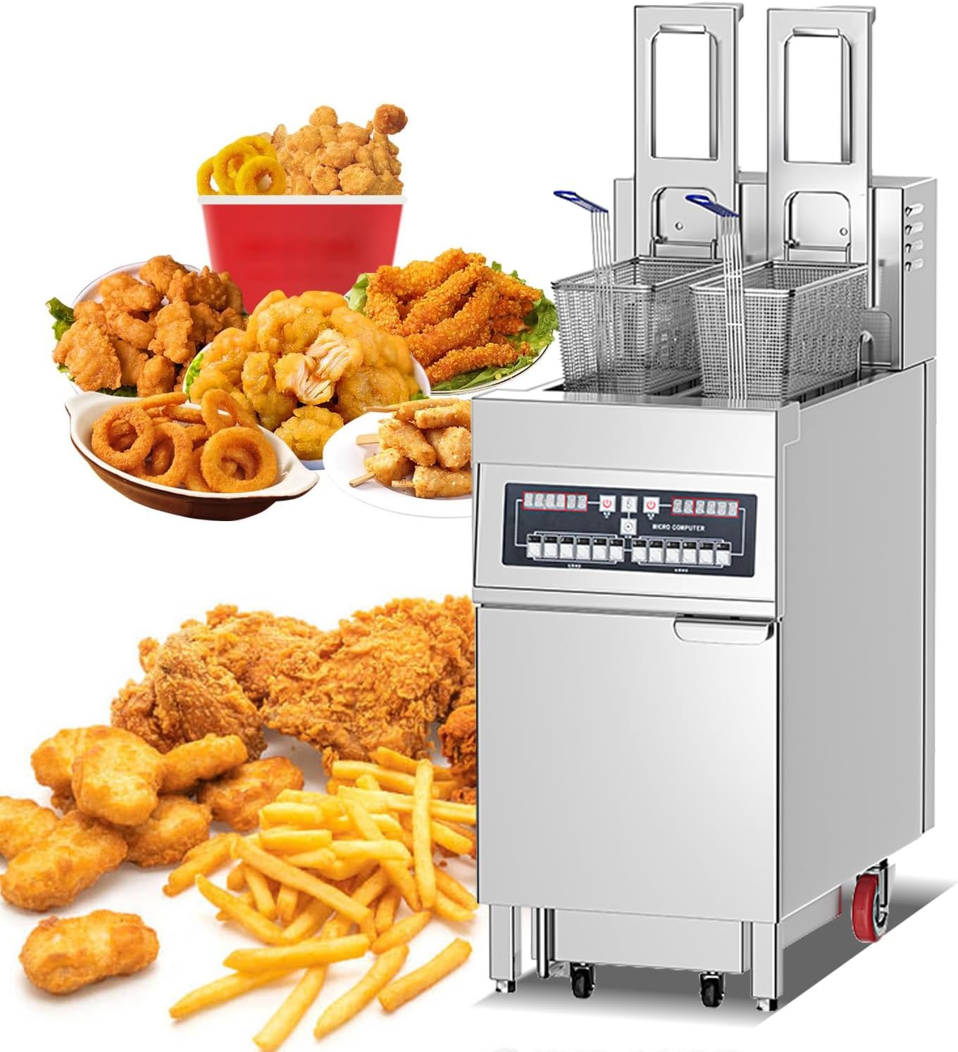 14L+14L Auto lift Commercial Deep Fryer with Oil filtration system Timer Basket and lid 9KW Oil Return Pan Commercial Deep Fryer Electric Deep Fryers with Temperature Control and Timiter