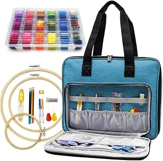 ATTERET Embroidery & Cross Stitch Starter Kit: 99 DMC Threads, 3 Hoops, Storage Bag, Needles & More - Beginner to Pro (Turquoise)