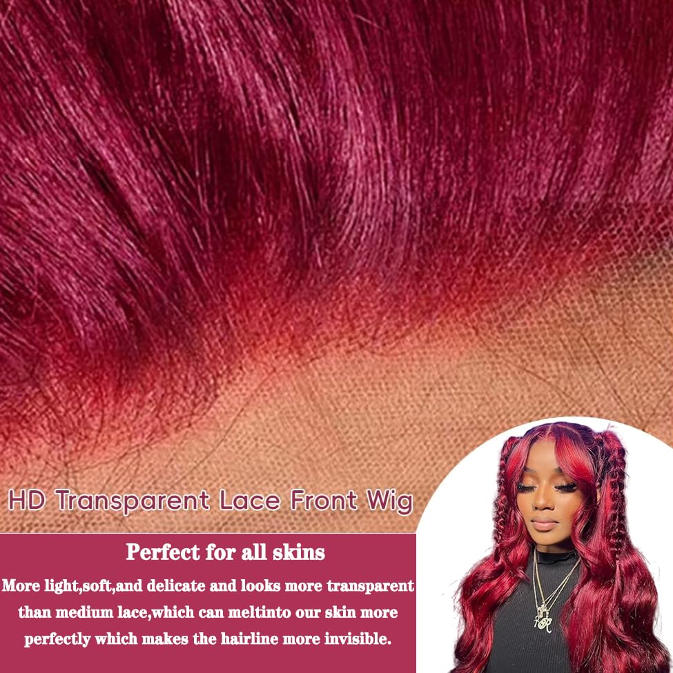 Image of JTMMP 18 Inch 99J Burgundy Lace Front Wigs Human Hair 13x6 Body Wave Lace Front Wigs Human Hair Pre Plucked 99j Burgundy Red Wine Glueless Wigs for Women