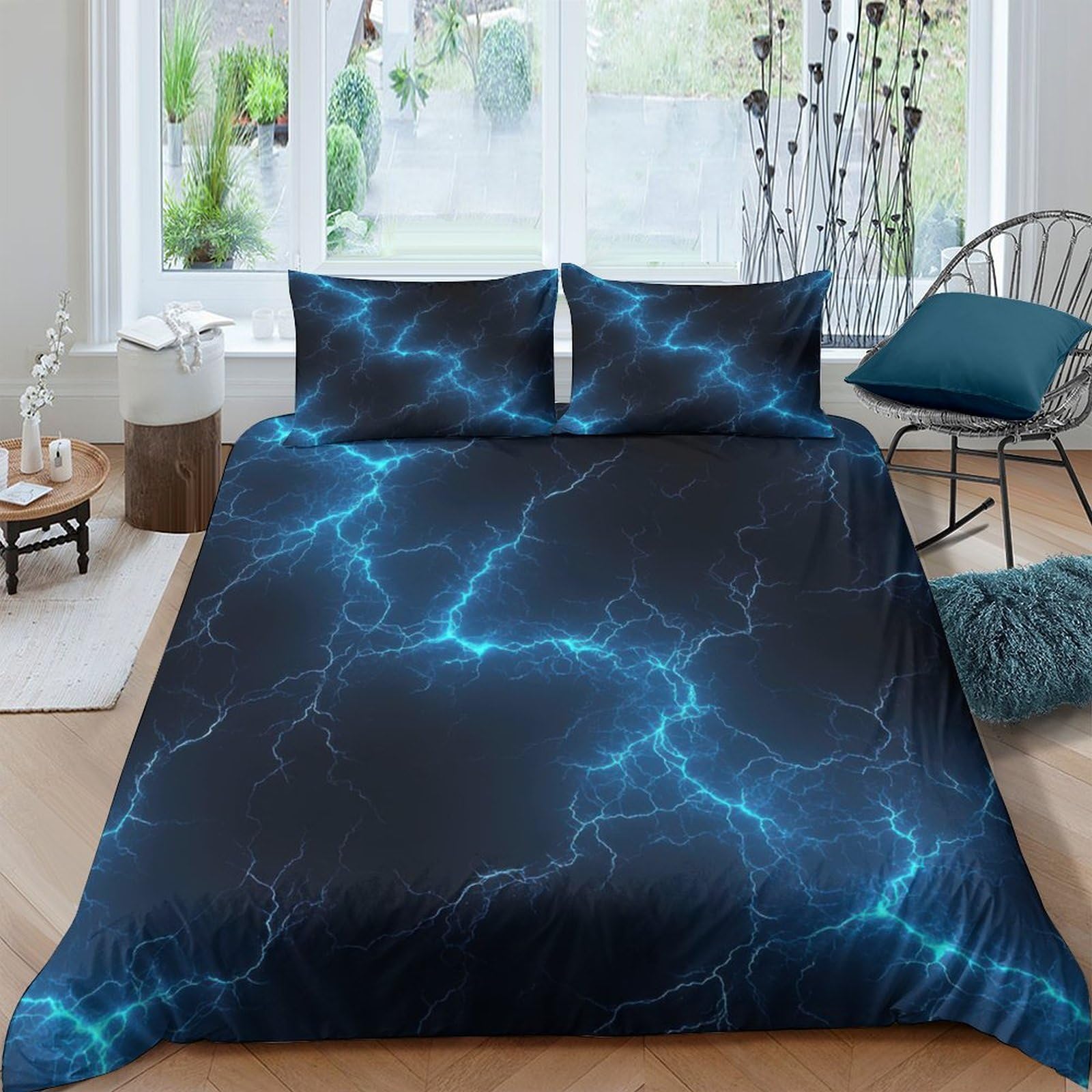 Ctjqhvkz Style-6 3D Printed Electric Lightning Fitted Sheet Microfiber Black Blue Thunder Mattress Cover For Bedroom Dorm Easy Care Single（135X200cm）